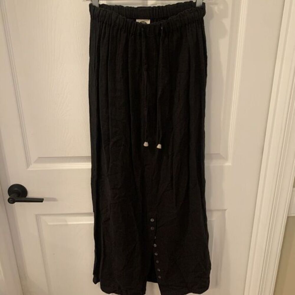 The Produce Co Maxi Skirt Women Small Black Rayon Flax Button Slit Made in‎ USA